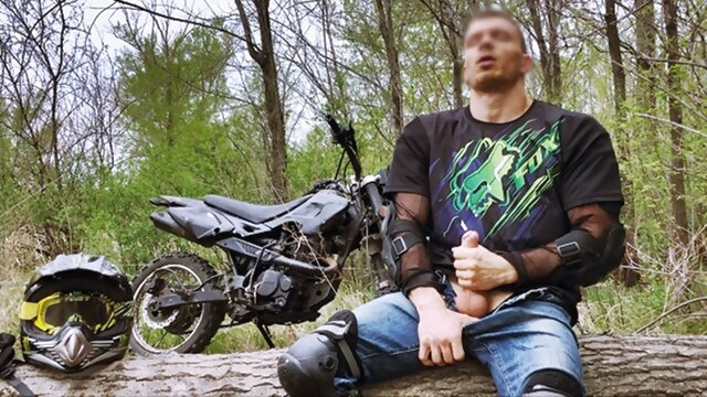 Handsome BIKER while riding a MOTORCYCLE in the forest JERKS OFF and CUMS in public boy amateur boys porn big cock boys masturbation boys